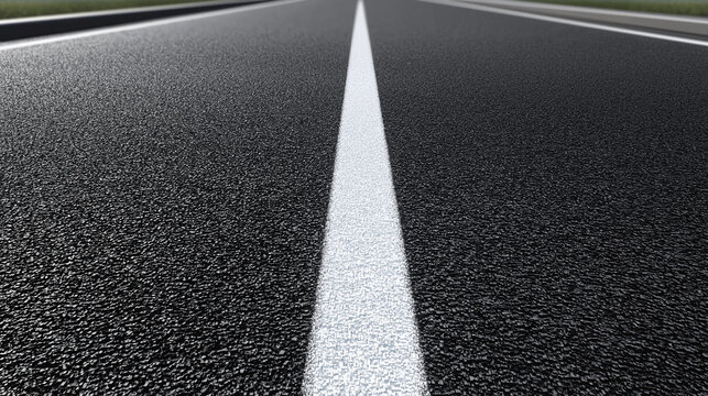 Real asphalt road with empty white line markings isolated on transparent background, PNG graphic element, pavement texture, highway segment, transportation infrastructure component