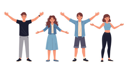 Fototapeta premium Group of diverse young adults with raised arms in casual attire