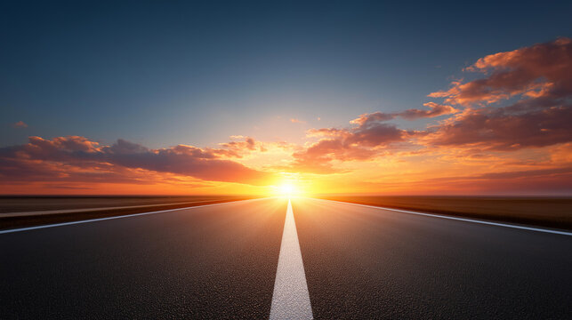 Endless asphalt ribbon stretches toward vibrant sunset horizon, promising adventure and open road freedom, limitless possibilities visualization, beautiful scenic journey, automobi