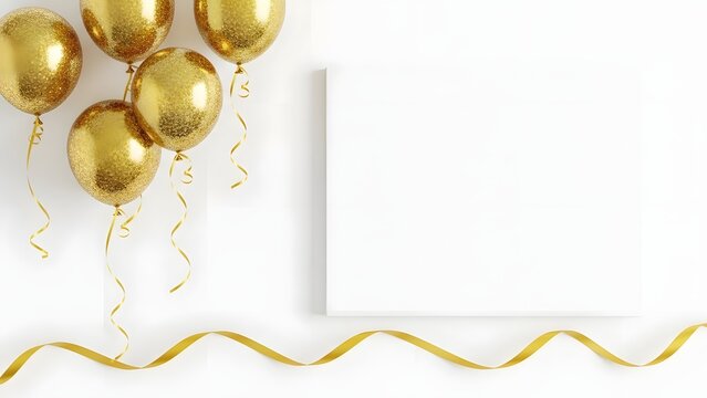 Festive gold balloons and ribbon with blank canvas for celebration message