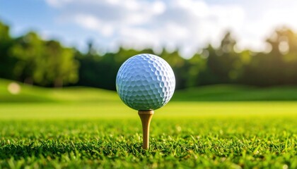 Golf ball on tee with green grass, golf course, and sunny day.