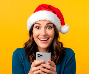 Happy woman in Santa hat looking with smile at mobile phone in Christmas holiday. Communication on smartphone in holiday in studio on orange background