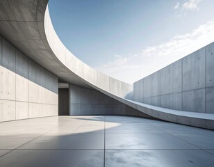 Minimal modern exterior with curved wall and concrete floor, clean architectural backdrop, spacious 3D rendering for design presentations and contemporary visuals