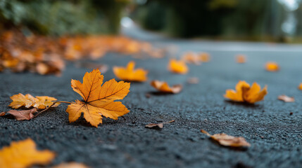 Autumn leaves scattered on asphalt road surface, fall season photography, seasonal transition, natural debris on pavement, colorful foliage, outdoor environment, transportation rou