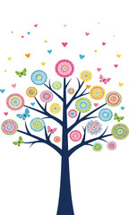 Stylized Vibrant Spring Tree of Life with Mandala Flowers and Butterflies, Concept of Nature, Growth, Love, and Colorful Whimsy