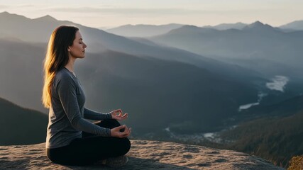 Calm woman practicing peaceful meditation and yoga outdoors on a rocky cliff overlooking majestic misty mountain ranges at golden sunset or sunrise