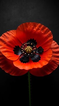 Vibrant red poppy flower blooming against a dark background in a cinematic 3D animation, symbolizing Remembrance Day and memorial tributes.