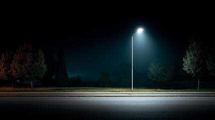 Street lamp illuminated on roadway at nighttime, urban lighting infrastructure, nocturnal environment, public safety lighting, evening atmosphere, municipal illumination system, da