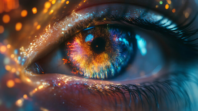 Close-up of a human eye transformed into a multicolored digital lens 