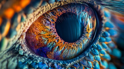 Close-up of a human eye transformed into a multicolored digital lens 
