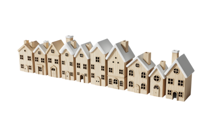 A charming row of miniature wooden houses creates a cozy, whimsical village scene.