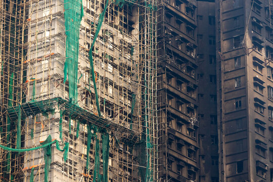 ruins of building after the fatal blaze in Tai Po, Hong Kong, remain of accident fire