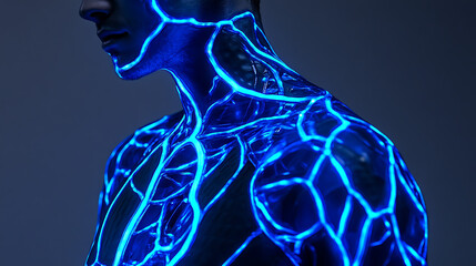 Close-up of a futuristic human with glowing cybernetic veins and bioluminescent skin 
