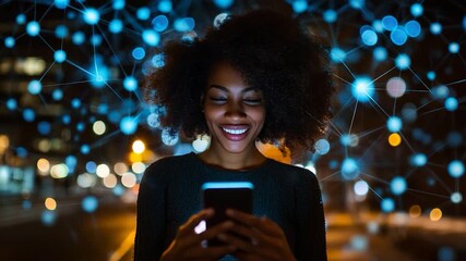 Smiling Woman Using Smartphone with Digital Network Overlay at Night. - Powered by Adobe