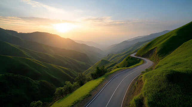Scenic winding mountain road at sunset with rolling hills in background, serpentine alpine route, golden hour mountain photography, elevated terrain highway, atmospheric evening co