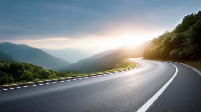 Winding highway disappearing into misty sunlit valley, symbolizing uncertain but promising future path ahead, long journey visualization, destination brightness, guidance concept,