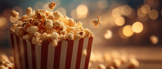 Striped popcorn box with falling popcorn in warm light