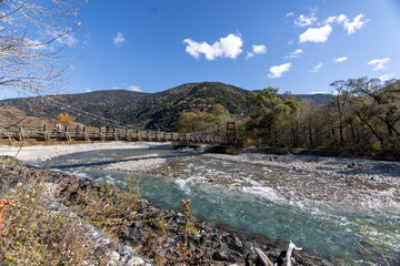 Myojin bridge in front of the mount Yari in Kamikochi national park, Nagano prefecture, Japan