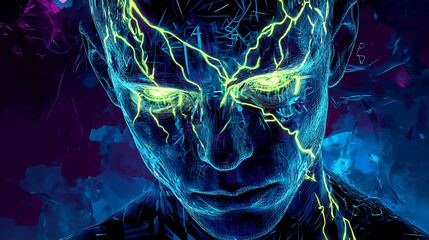 Close-up of a futuristic human with glowing cybernetic veins and bioluminescent skin 