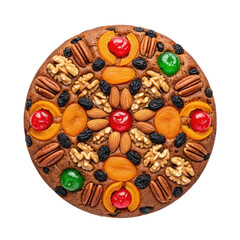 Fototapeta premium A round fruit cake with a variety of dried fruits, nuts, and colorful candies on top.