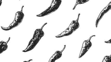 Chili pepper seamless pattern, sketch hand drawn style, black and white vegetable background. Vector illustration