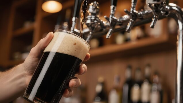 Pouring a Dark Craft Beer into a Glass at a Bar.