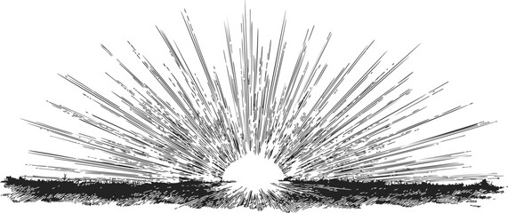 Sunrise sketch hand drawn sun rays over horizon landscape. Vector illustration