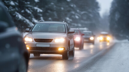 Fototapeta premium Multiple cars driving during snowy wet conditions on winter road, adverse weather transportation, challenging driving environment, winter travel safety, precipitation conditions, s