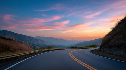 Fototapeta premium Serpentine asphalt highway cutting through mountainous terrain at golden hour, dramatic sky colors, winding route perspective, scenic transportation infrastructure, journey concept