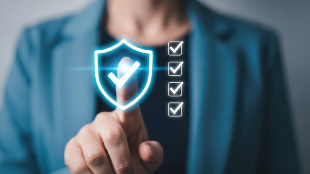 Person interacting with digital shield and checkmarks for cybersecurity and protection