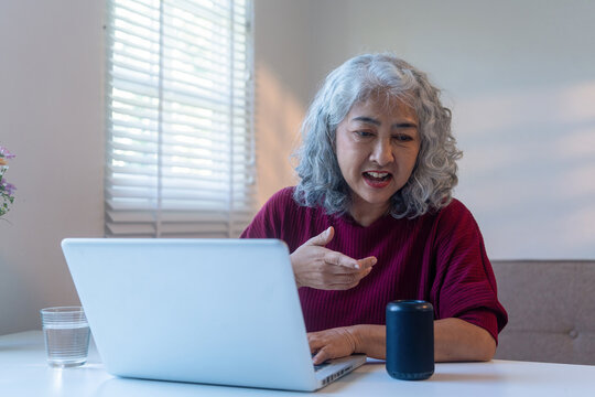 Senior Woman Talking to Smart Speaker at Home
