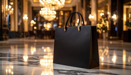Black Shopping Bag in Luxury Hotel Lobby with Marble Floor.