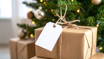 Christmas gifts wrapped brown paper with blank tag with tree background.