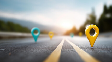 Straight highway with location pin markers and directional arrows symbolizing future direction and progress concept, navigation visualization, goal-oriented journey, route planning