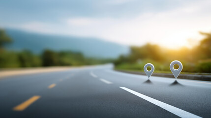 Straight highway with location pin markers and directional arrows symbolizing future direction and progress concept, navigation visualization, goal-oriented journey, route planning