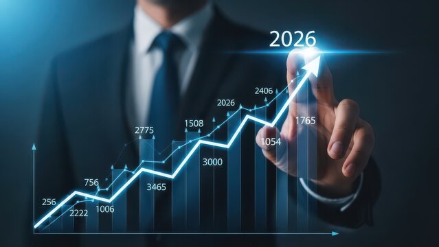 Business growth projection for 2026 with businessman pointing to upward trend