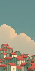 Modern Architectural Landscape with Colorful Rooftops and Clouds