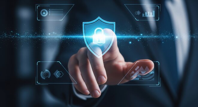 Close-up Hand with Cybersecurity Shield Hologram.
