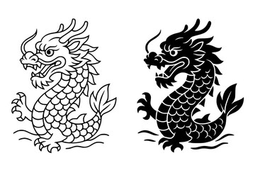 Naklejka premium Icon for Chinese New Year, sea dragon vector, outline and silhouette versions