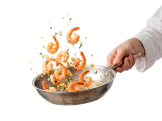 Chef hand sauteing shrimps garlic frying pan isolated white background png transparent cutout seafood cooking prawn delicious meal gourmet restaurant culinary motion tossing appetizer food studio shot