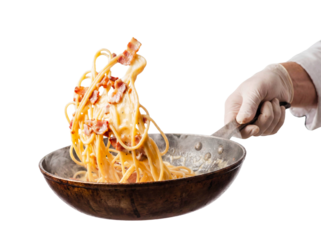 Chef hand tossing pasta carbonara frying pan isolated white background png transparent cutout italian food spaghetti sauce bacon cheese cooking motion creamy delicious meal restaurant culinary studio 