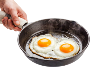 Chef hand holding pan fried eggs isolated white background png transparent cutout breakfast cooking sunny side up protein yolk morning meal delicious food preparation yellow white culinary studio shot