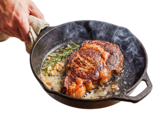 Chef hand holding pan searing ribeye steak isolated white background png transparent cutout cooking beef meat rosemary butter delicious gourmet dinner protein bbq restaurant quality food preparation 
