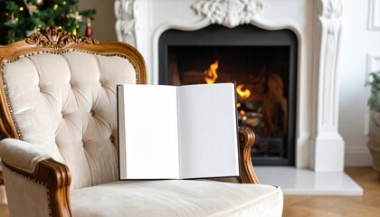 Blank Book on Antique Chair with Fireplace Background Christmas Cozy.