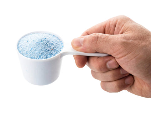 Hand holding white scoop full blue detergent powder isolated white background png transparent cutout laundry washing cleaning agent fresh scent granules household product measuring cup studio shot
