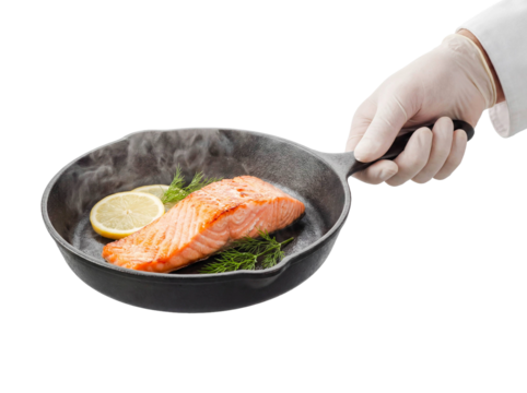 Chef hand cooking salmon fillet frying pan isolated white background png transparent cutout seafood fish healthy diet omega 3 keto meal delicious lunch dinner gourmet culinary preparation studio shot