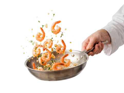 Chef hand sauteing shrimps garlic frying pan isolated white background png transparent cutout seafood cooking prawn delicious meal gourmet restaurant culinary motion tossing appetizer food studio shot