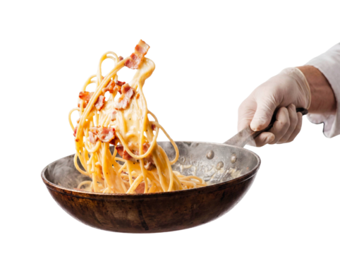 Chef hand tossing pasta carbonara frying pan isolated white background png transparent cutout italian food spaghetti sauce bacon cheese cooking motion creamy delicious meal restaurant culinary studio 