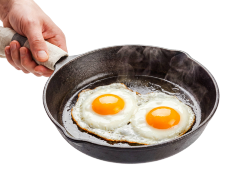 Chef hand holding pan fried eggs isolated white background png transparent cutout breakfast cooking sunny side up protein yolk morning meal delicious food preparation yellow white culinary studio shot