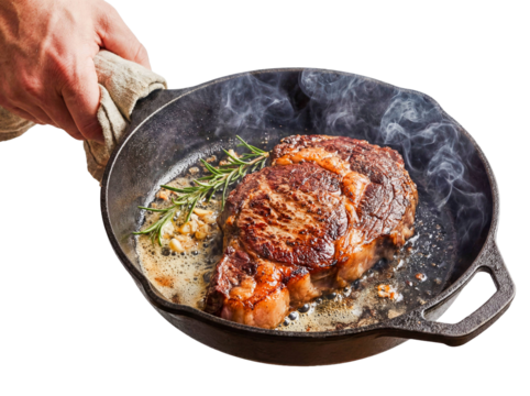 Chef hand holding pan searing ribeye steak isolated white background png transparent cutout cooking beef meat rosemary butter delicious gourmet dinner protein bbq restaurant quality food preparation  - Powered by Adobe